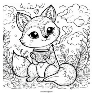 Detailed Fox Coloring Page Holding Cup In Clouds