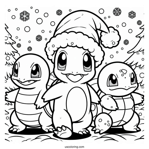 Pokemon Christmas Coloring Page Charmander, Bulbasaur, And Squirtle Walking In The Snow For Kids