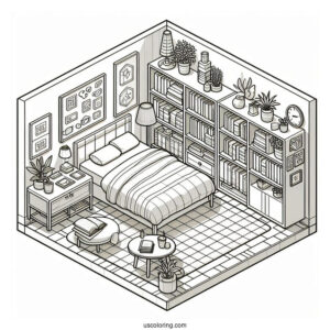 Isometric Bedroom Coloring Page With Bookshelves, Coffee Table, And Plants
