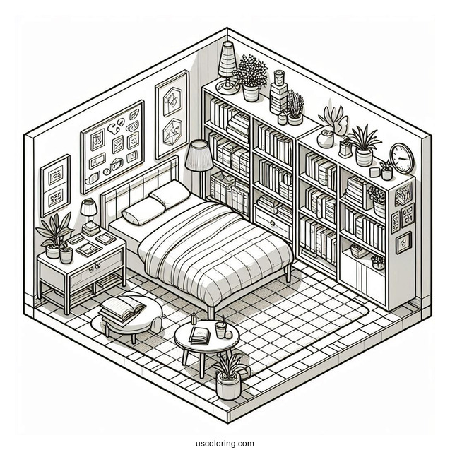 Isometric Bedroom Coloring Page With Bookshelves, Coffee Table, And Plants