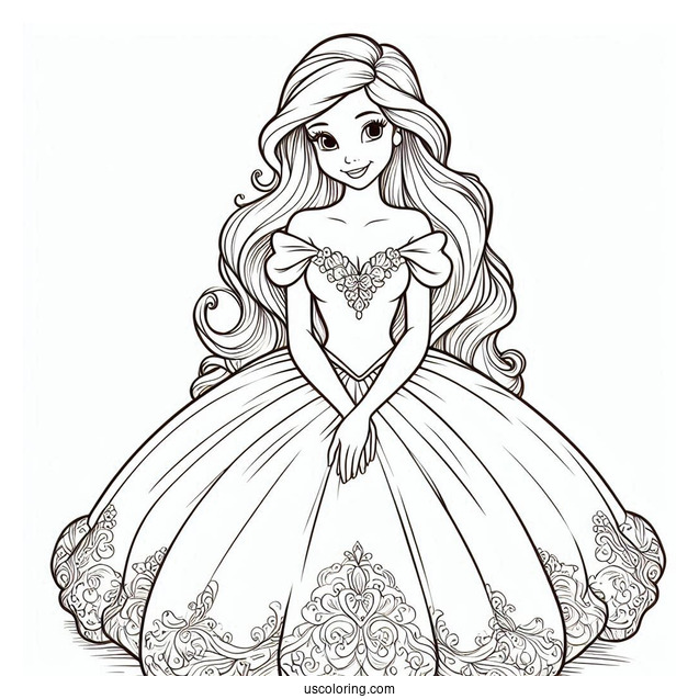 Pretty Ariel In Gown Coloring Sheet