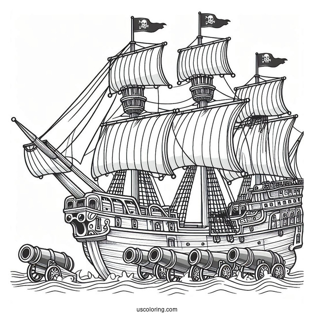 Coloring Page Of Pirate Ship With Multiple Canons