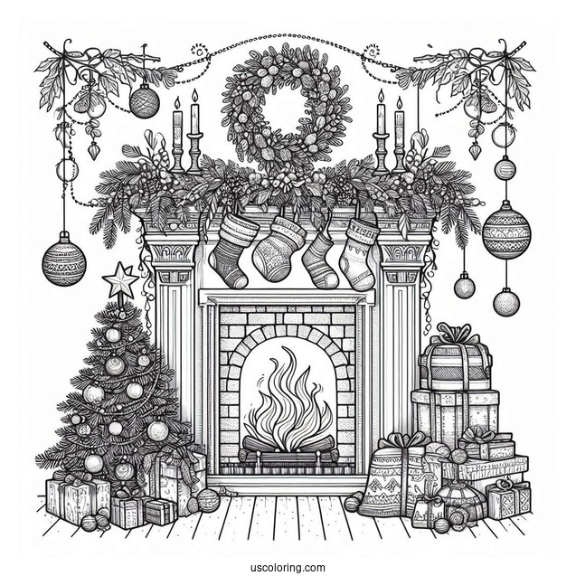 Christmas Coloring Pages For Adults Of Realistic Fireplace With Christmas Garlands And Ornaments