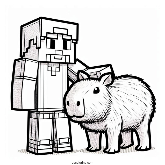 Minecraft Steve With A Capybara Coloring Page For Kids