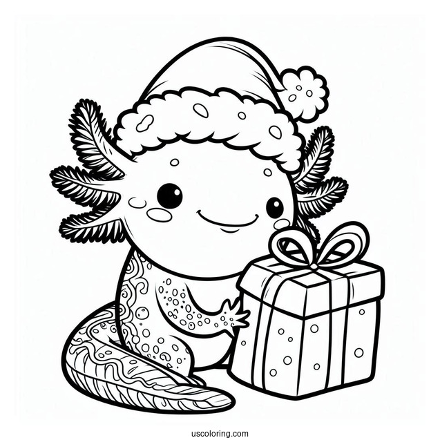 Axolotl Coloring Page In Santa Costume Holding A Present