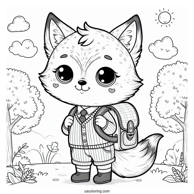 Cute Schoolboy Fox Coloring Page With A Backpack
