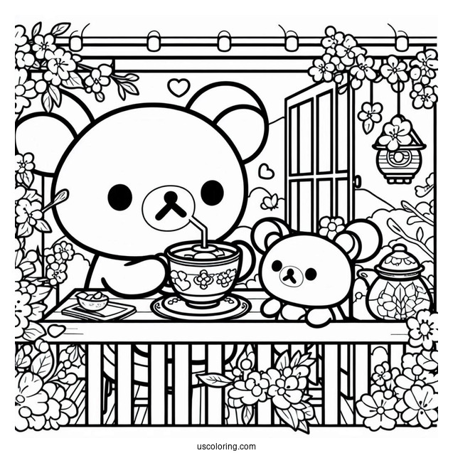 Rilakkuma Coloring Page Having Tea With Kiiroitori In The Balcony