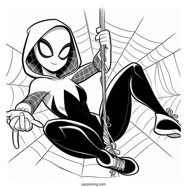 Cool Spider-Gwen Coloring Page Swinging From A Web