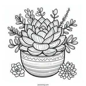 Simple Succulent Coloring Page In A Round Flower Pot For Kids