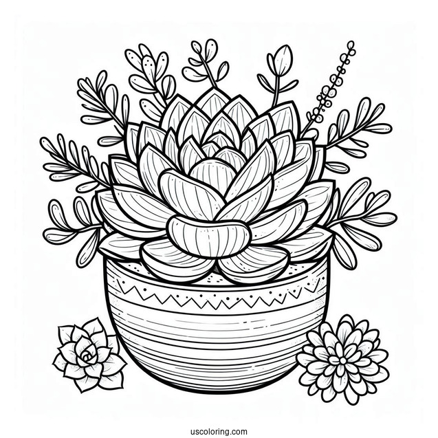 Simple Succulent Coloring Page In A Round Flower Pot For Kids
