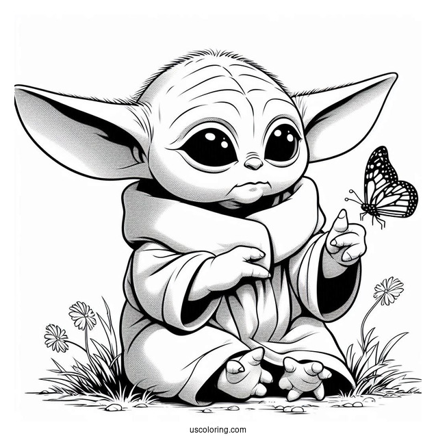 Loveable Baby Yoda Looking At Butterfly