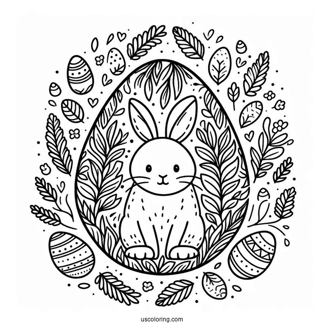 Bunny And Leaves Pattern Easter Egg Coloring Page