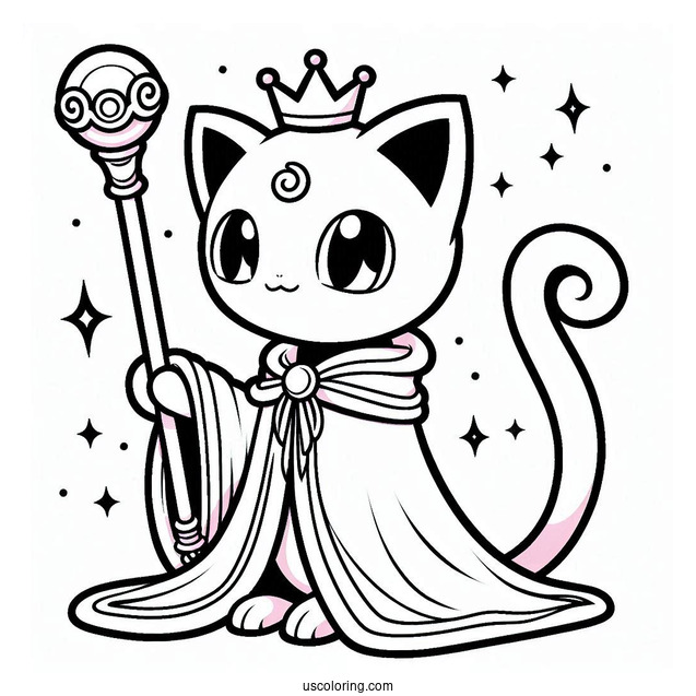 Mew Coloring Page With Crown, Robe, And Scepter For Kids