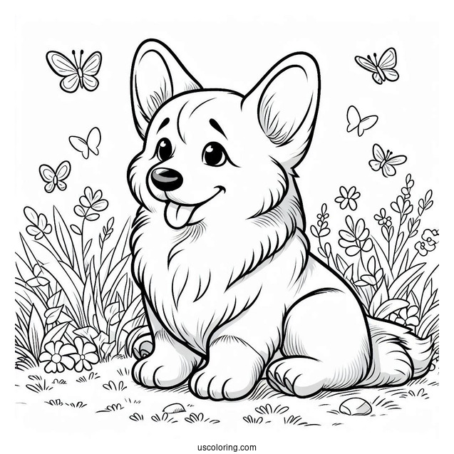 Happy Corgi Coloring Page Sitting On Grass