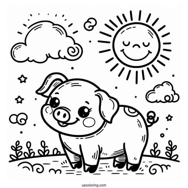 Cute Smiling Pig With a Big Sun