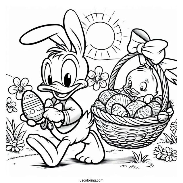 Easter Coloring Page Of Donald Duck As Easter Bunny Carrying Basket Of Eggs