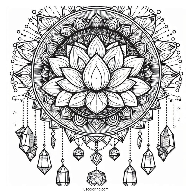 Lotus Flower Mandala Coloring Page With Hanging Crystals