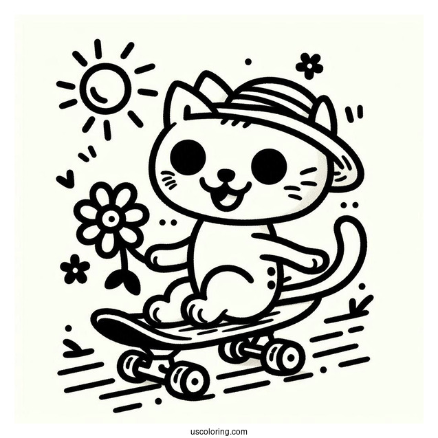 Pete The Cat Riding a Skateboard To Color