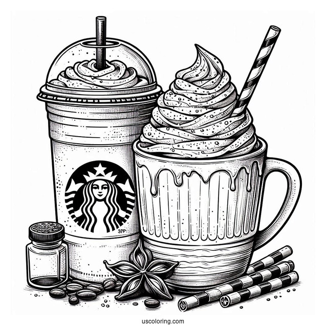 Realistic Starbucks Frappe And Hot Coffee Coloring Page