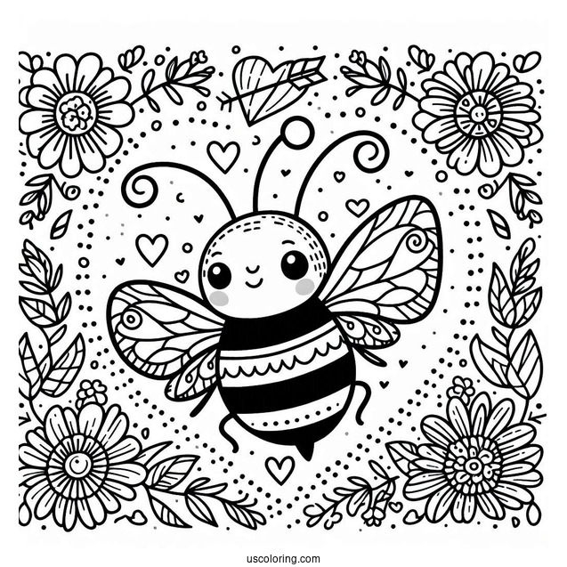 Adorable Bee Coloring Page With Love Heart And Floral Background