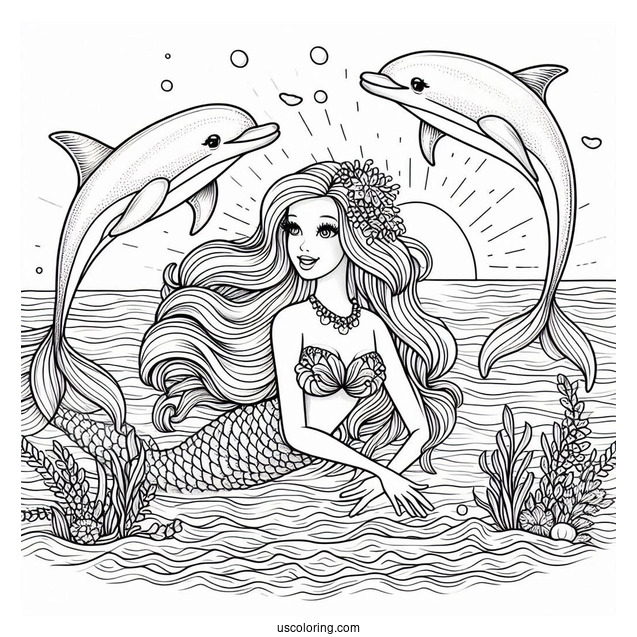 Mermaid Barbie Swimming With Dolphin To Color
