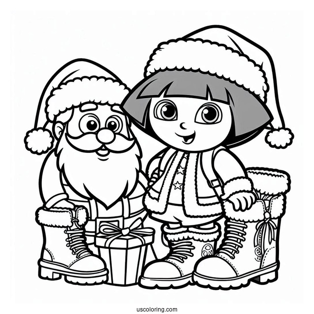 Dora With Boots And Santa Coloring Sheet
