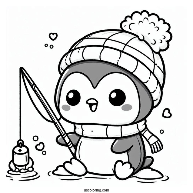 Chibi Coloring Page Penguin with Hat and Scarf Ice Fishing in Winter