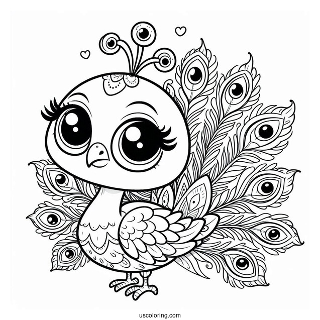 Easy Cartoon Peacock Coloring Page with Big Eyes and Simple Feathers For Kids