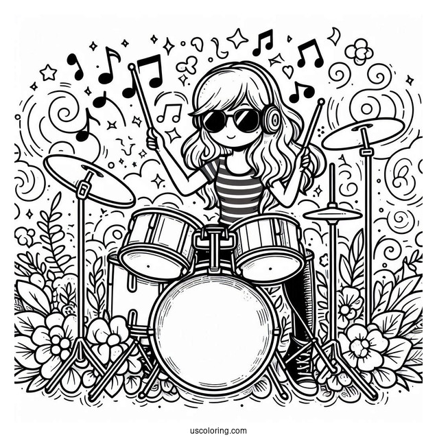Music Coloring Page Of Cartoon Female Drummer