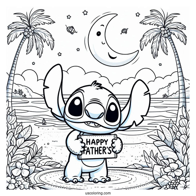 Stitch Holding Up A Father's Day Coloring Page Of Greeting At The Beach For Kids