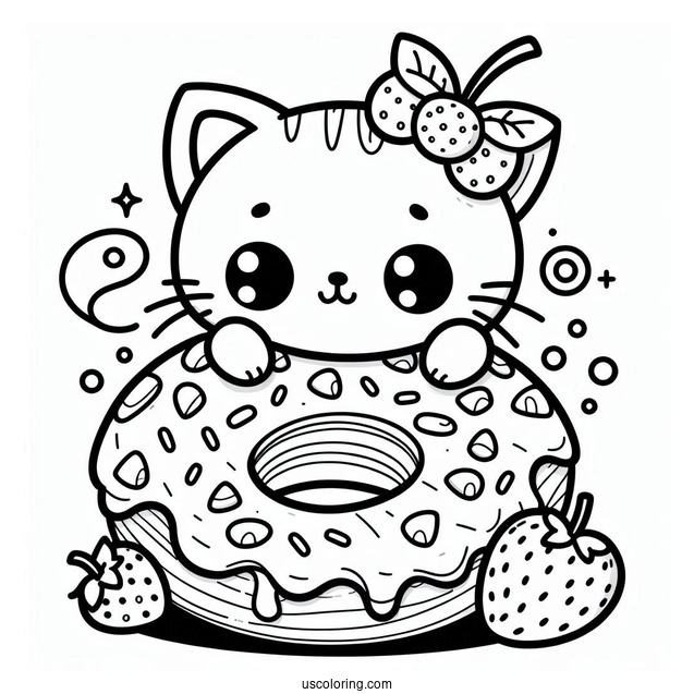 Cute Coloring Page Adorable Cat With A Giant Donut
