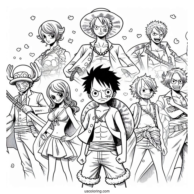 One Piece Coloring Page Of Luffy, Nami, Robin, Sanji, Zoro, Franky, Chopper, Brook, And Usopp