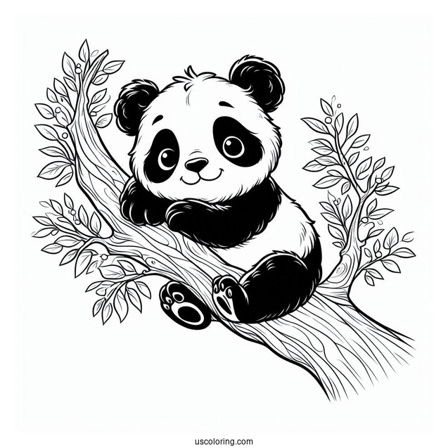 Baby Panda Resting In Tree To Color