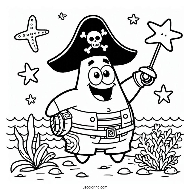 Easy Outline Of Pirate Patrick Star Coloring Page For Kids