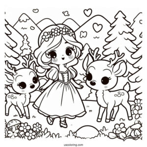 Kawaii Snow White Coloring Pages With Deer In The Forest For Preschoolers