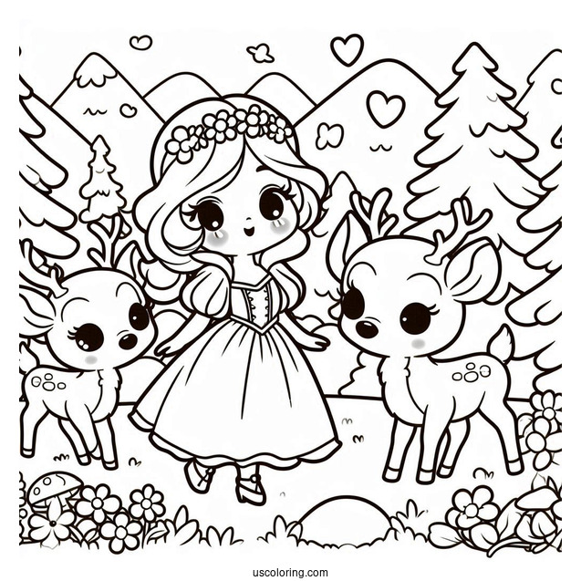 Kawaii Snow White Coloring Pages With Deer In The Forest For Preschoolers