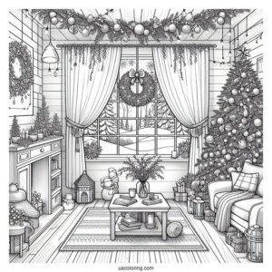 Christmas Coloring Pages For Adults Of Window Looking Into Living Room With Christmas Decors