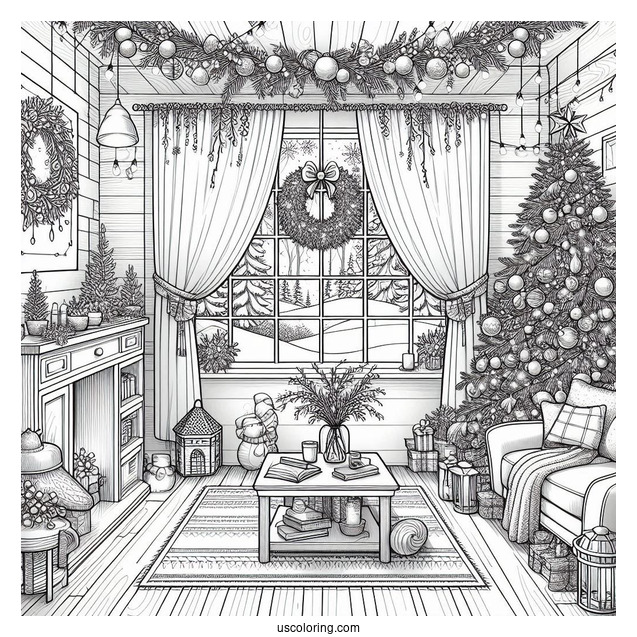 Christmas Coloring Pages For Adults Of Window Looking Into Living Room With Christmas Decors