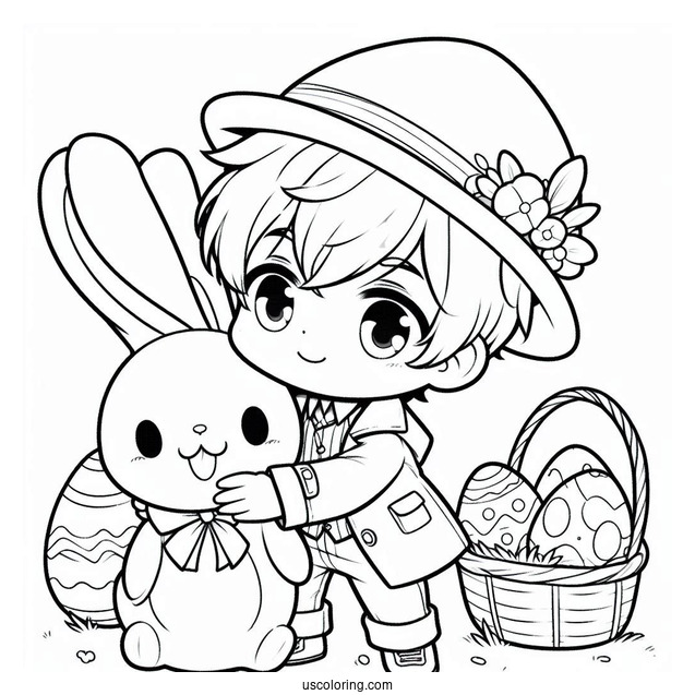 Easter Coloring Page Of Cute Anime Boy With Easter Bunny And Eggs For Kids