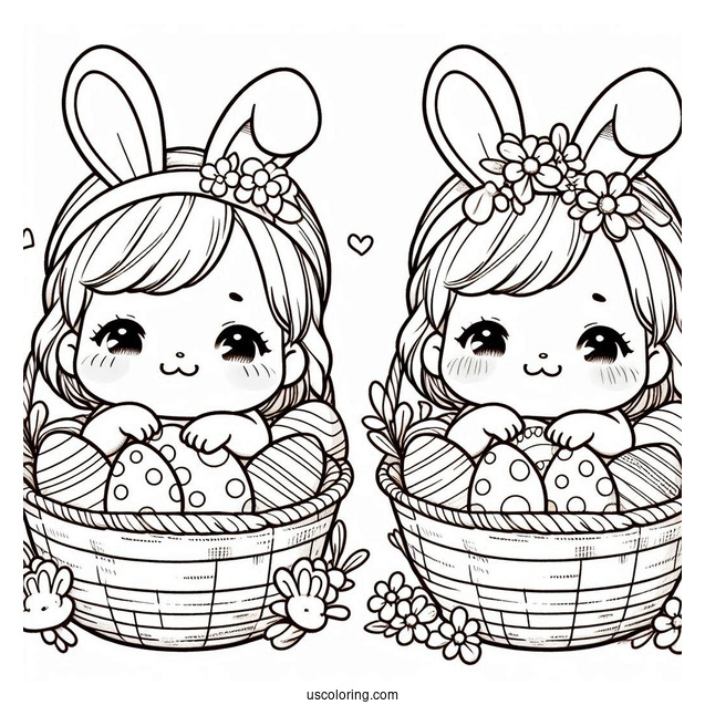 Baby Coloring Page With Bunny Ears In A Basket With Easter Eggs