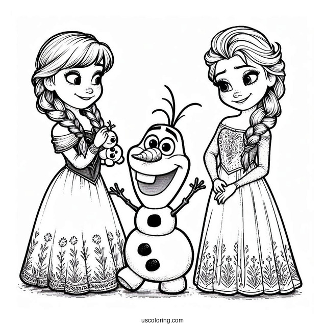 Olaf With Anna And Elsa To Color