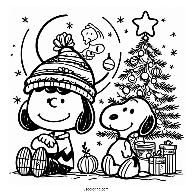 Charlie Brown And Snoopy With Christmas Tree To Color