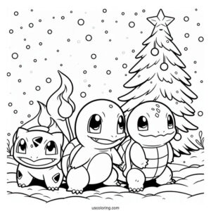 Pokemon Christmas Coloring Page Charmander, Bulbasaur, And Squirtle Walking In The Snow For Kids