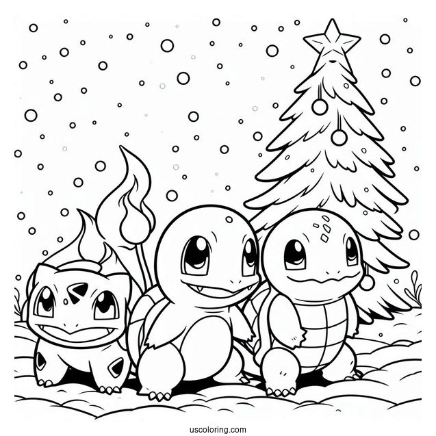 Pokemon Christmas Coloring Page Charmander, Bulbasaur, And Squirtle Walking In The Snow For Kids