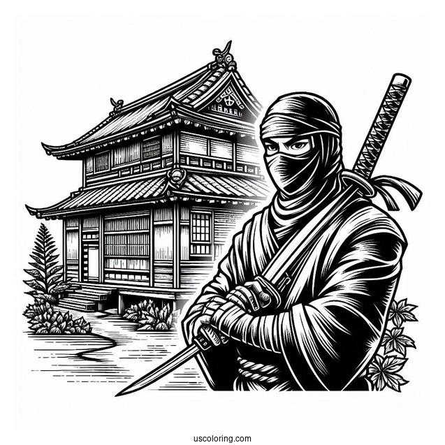 Ninja In An Old Japanese Village Coloring Sheet