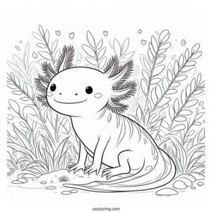 Adorable Little Axolotl Coloring Page Surrounded By Weeds