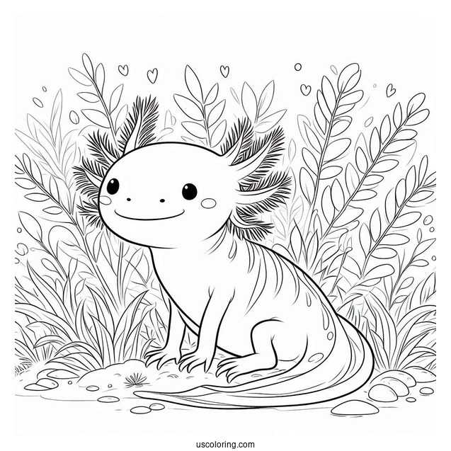 Adorable Little Axolotl Coloring Page Surrounded By Weeds