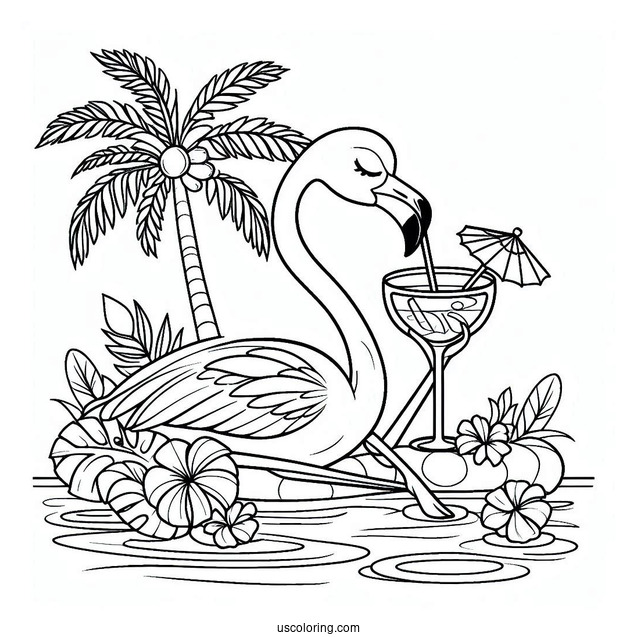 Flamingo Relaxing Drinking a Cocktail To Color