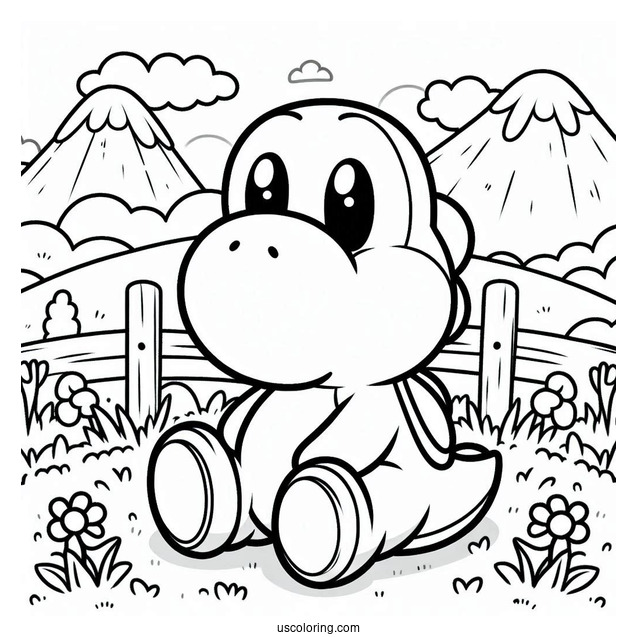 Kawaii Yoshi Sitting In Field Coloring For Kids