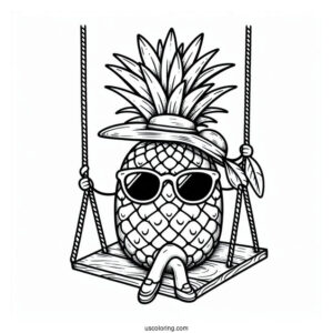 Pineapple Coloring Page on Swing Wearing Sunglasses and Hat
